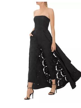 Strapless Jacquard Jumpsuit with Skirt Overlay